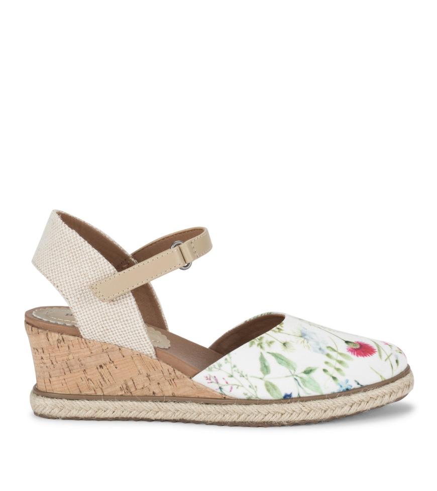 Baretraps Classic Comfort Sandals | Women Ocean Closed Toe Wedge Sandal White Multi Flower Canvas
